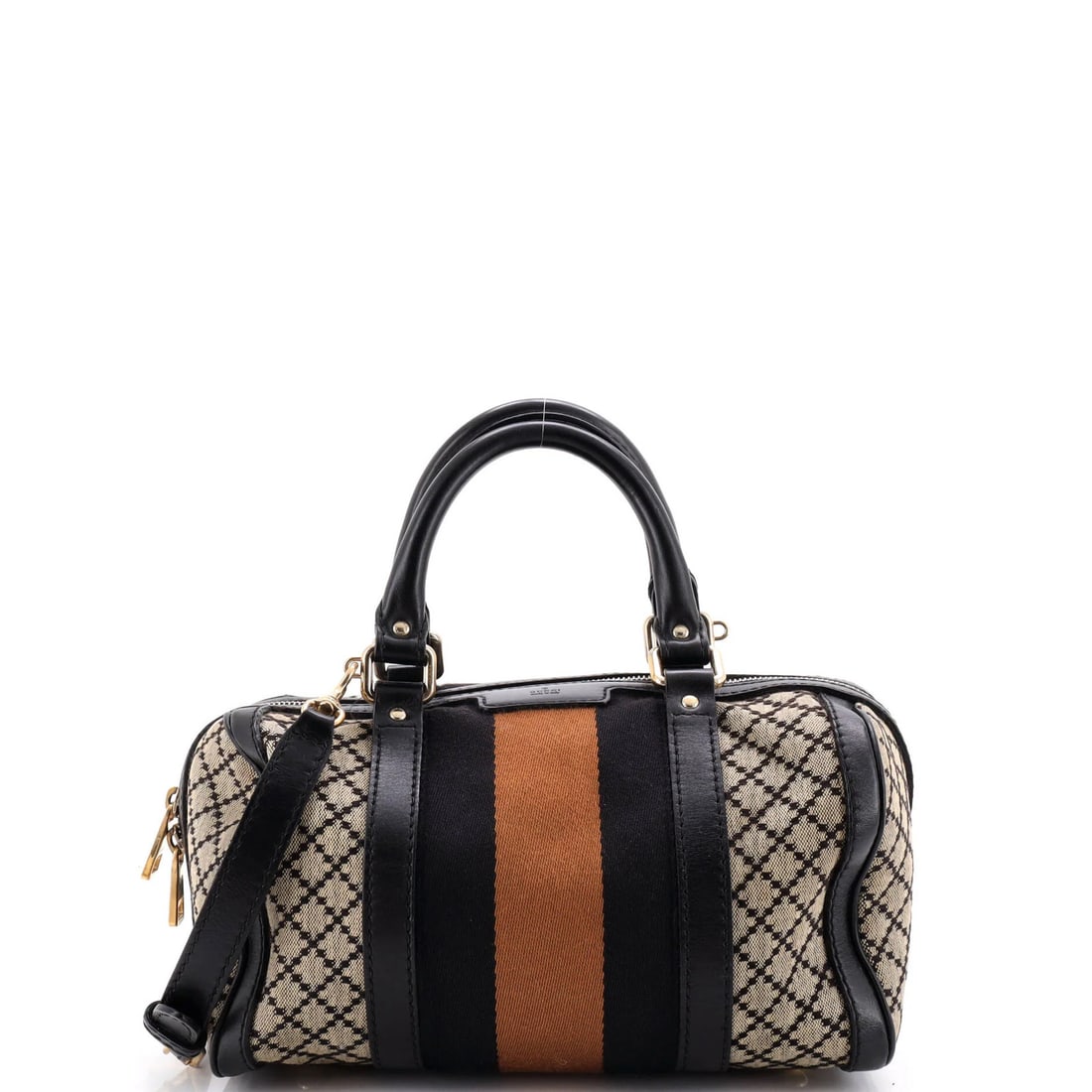 Gucci Vintage Web Boston Bag Diamante Canvas Small: Gucci Vintage Web Boston Bag Diamante Canvas Small Small Gucci Vintage Web Boston Bag with Diamante Canvas in Brown, featuring a classic satchel design and gold-tone hardware, measures 6" high, 10" wi