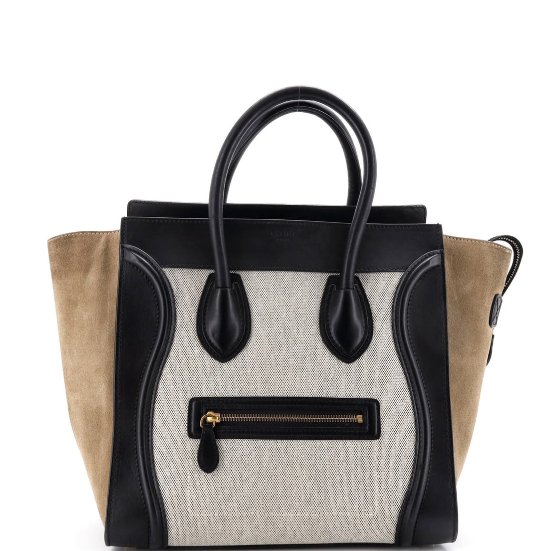 Canvas leather micro Celine Tricolor Luggage Bag: Canvas leather micro Celine Tricolor Luggage Bag Canvas and leather micro Celine Tricolor Luggage Bag in neutral exterior color, featuring a classic tote style with a subtle tricolor design. This micr