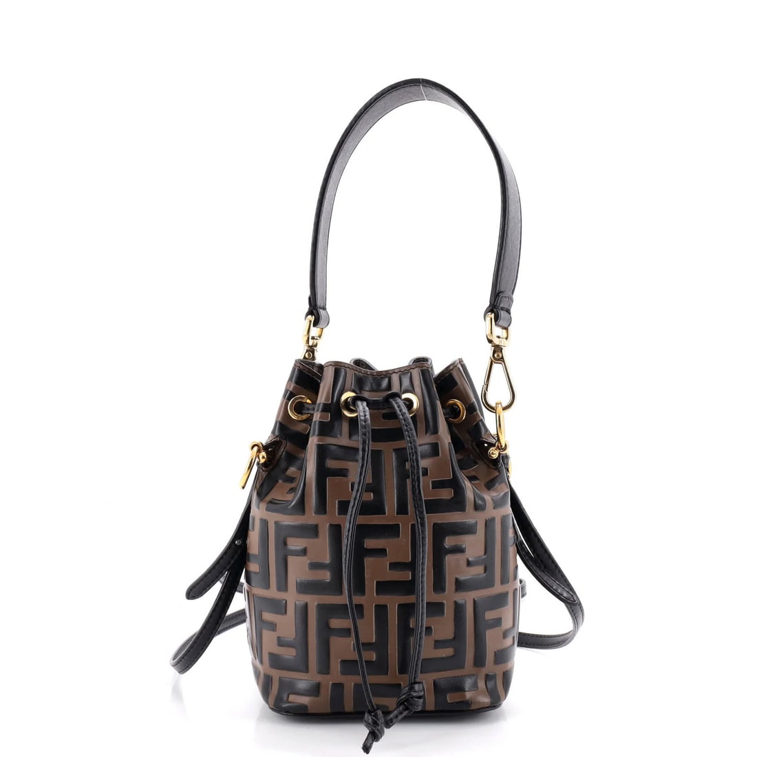Mon Tresor Bucket Bag Zucca Embossed Leather Mini Fendi: Mon Tresor Bucket Bag Zucca Embossed Leather Mini Fendi Brown Mon Tresor Bucket Bag Zucca Embossed Leather Mini Fendi. This mini Fendi bucket bag features a rich brown exterior with Zucca embossed