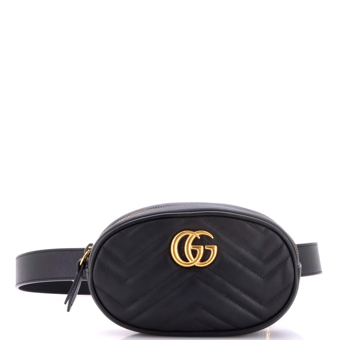 Matelasse Leather Belt Bag Gucci GG Marmont: Matelasse Leather Belt Bag Gucci GG Marmont Black Matelasse Leather GG Marmont Belt Bag with Aged Gold Hardware. This Gucci belt bag features a unique matelasse leather exterior with a neutral microfi
