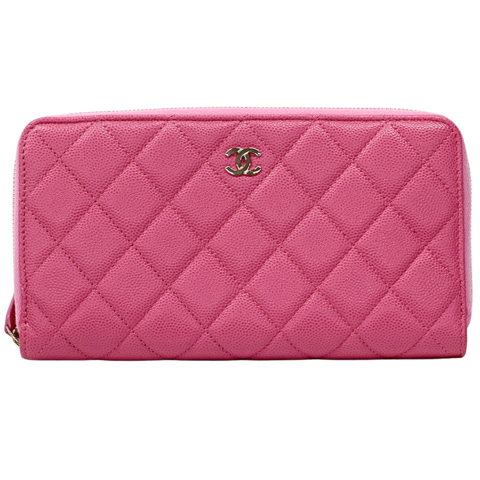 Women's Caviar Wallet Leather Gold Pink Round Zipper Hardware Long Chanel Matelass: Women's Caviar Wallet Leather Gold Pink Round Zipper Hardware Long Chanel Matelass Pink round zipper hardware adorns this elegant women's wallet, crafted from luxurious grained calfskin and finished