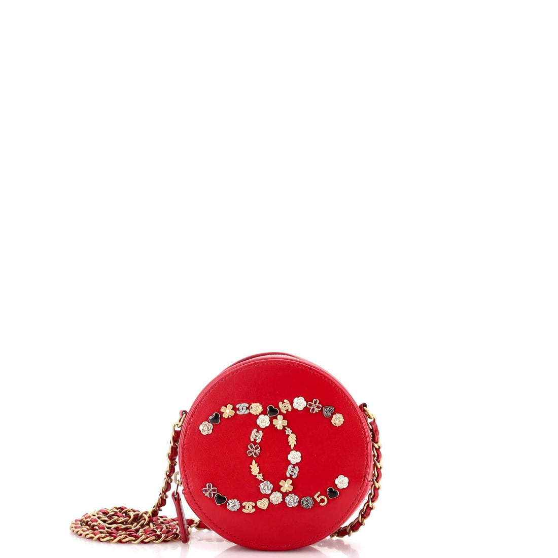 Chanel Lucky Charms Round Clutch With Chain Embellished Lambskin: Chanel Lucky Charms Round Clutch With Chain Embellished Lambskin The Chanel Lucky Charms Round Clutch With Chain Embellished Lambskin boasts a striking red exterior, adorned with chain embellishments