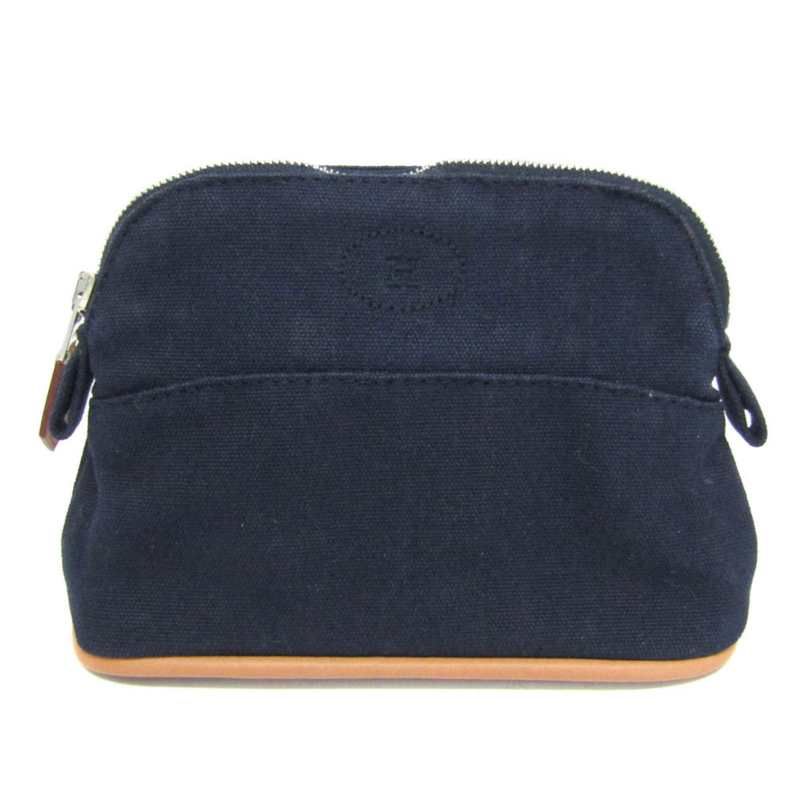 Cotton Leather Pouch Hermes: Cotton Leather Pouch Hermes Cotton leather pouch from the iconic Hermes Bolide line, crafted with a navy color and featuring a sturdy zipper closure. Measuring 11cm x 15cm x 5.5cm, this compact pouch 
