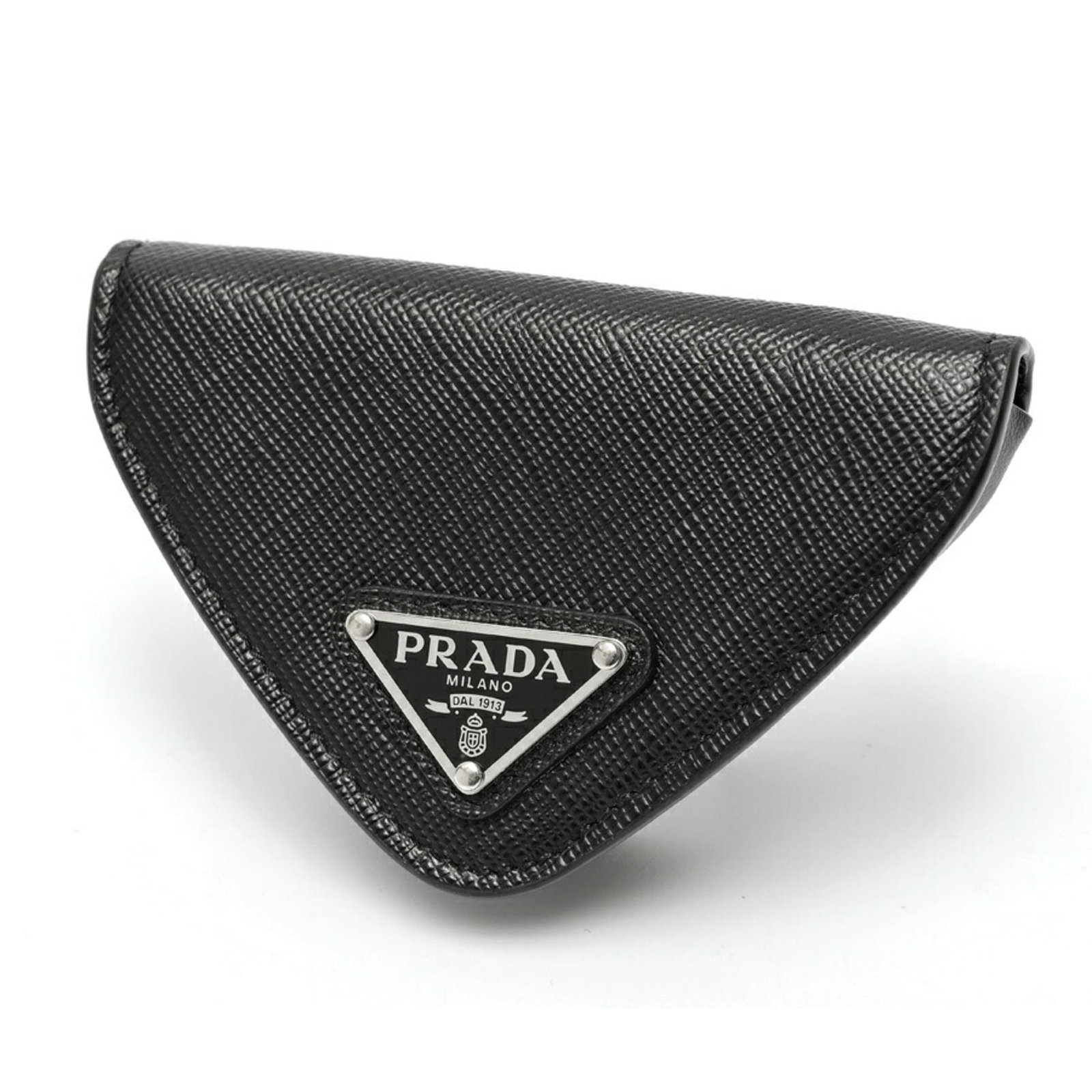 Prada Coin Purse/ Coin Case Saffiano Triangle Leather: Prada Coin Purse/ Coin Case Saffiano Triangle Leather Saffiano triangle leather provides a durable and stylish base for this sleek coin purse, crafted with a classic black finish. Measuring 6cm x 10cm