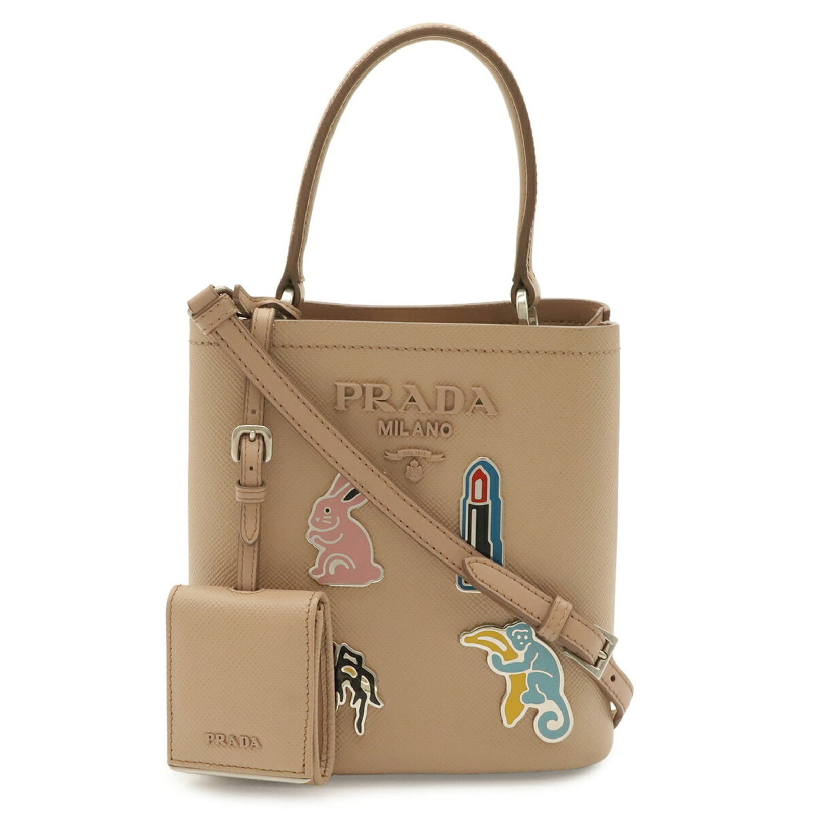 Handbag Leather Pouch Shoulder Pochette Prada: Handbag Leather Pouch Shoulder Pochette Prada Saffiano leather handbag in pink beige color, featuring silver hardware, with a compact size of 18cm x 17.5cm x 12cm. This Prada pochette is made from hig