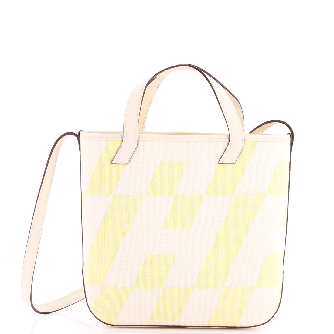 Hermes Cabas H en Biais Tote Canvas with Leather 27: Hermes Cabas H en Biais Tote Canvas with Leather 27 Yellow Hermes Cabas H en Biais Tote Canvas with Leather 27, featuring a classic design with a canvas and leather exterior, measures 10" tall and 9" 