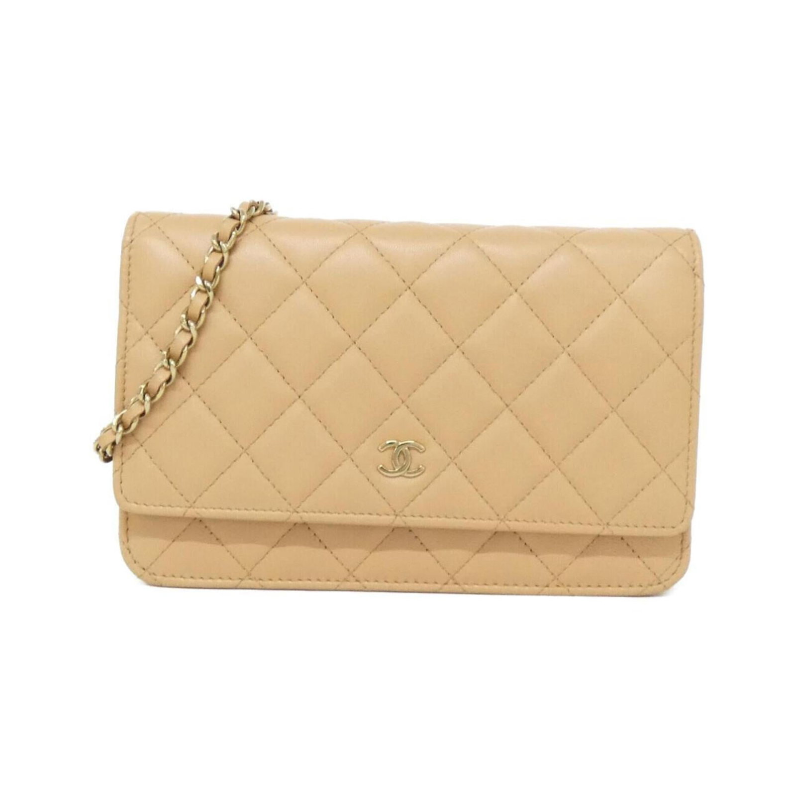 Chain shoulder leather wallet: Chain shoulder leather wallet Chain shoulder leather wallet in dark beige lamb leather, featuring a classic design with a 12cm x 19cm x 4cm size. The chain shoulder strap adds a stylish touch, making 