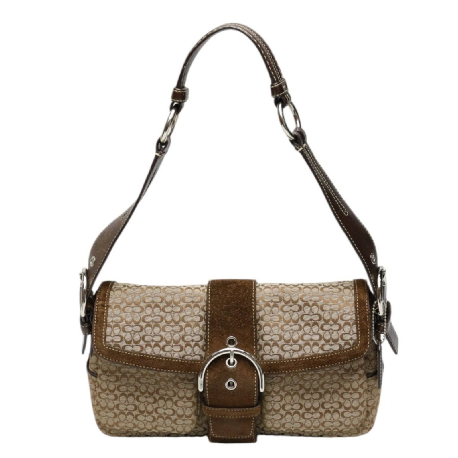 Canvas Handbag Leather Shoulder Bag: Canvas Handbag Leather Shoulder Bag Canvas and leather combine in this Coach 1463 Signature shoulder bag, featuring a classic design with a brown canvas exterior and leather accents. The bag measures