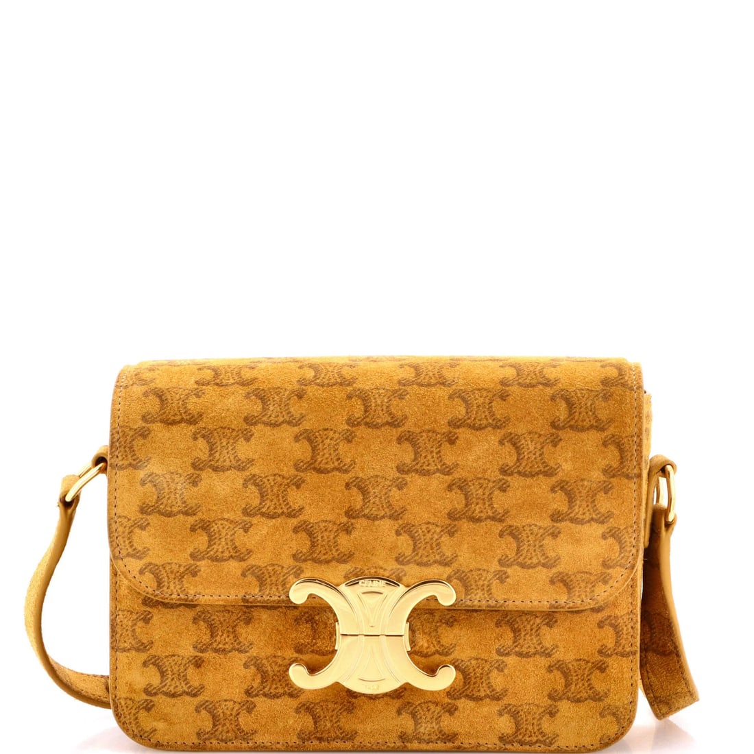 Suede Teen Celine Triomphe Shoulder Bag: Suede Teen Celine Triomphe Shoulder Bag The Celine Triomphe Shoulder Bag is a stylish and timeless piece, boasting a rich brown suede exterior and sleek leather interior. Noted for its classic