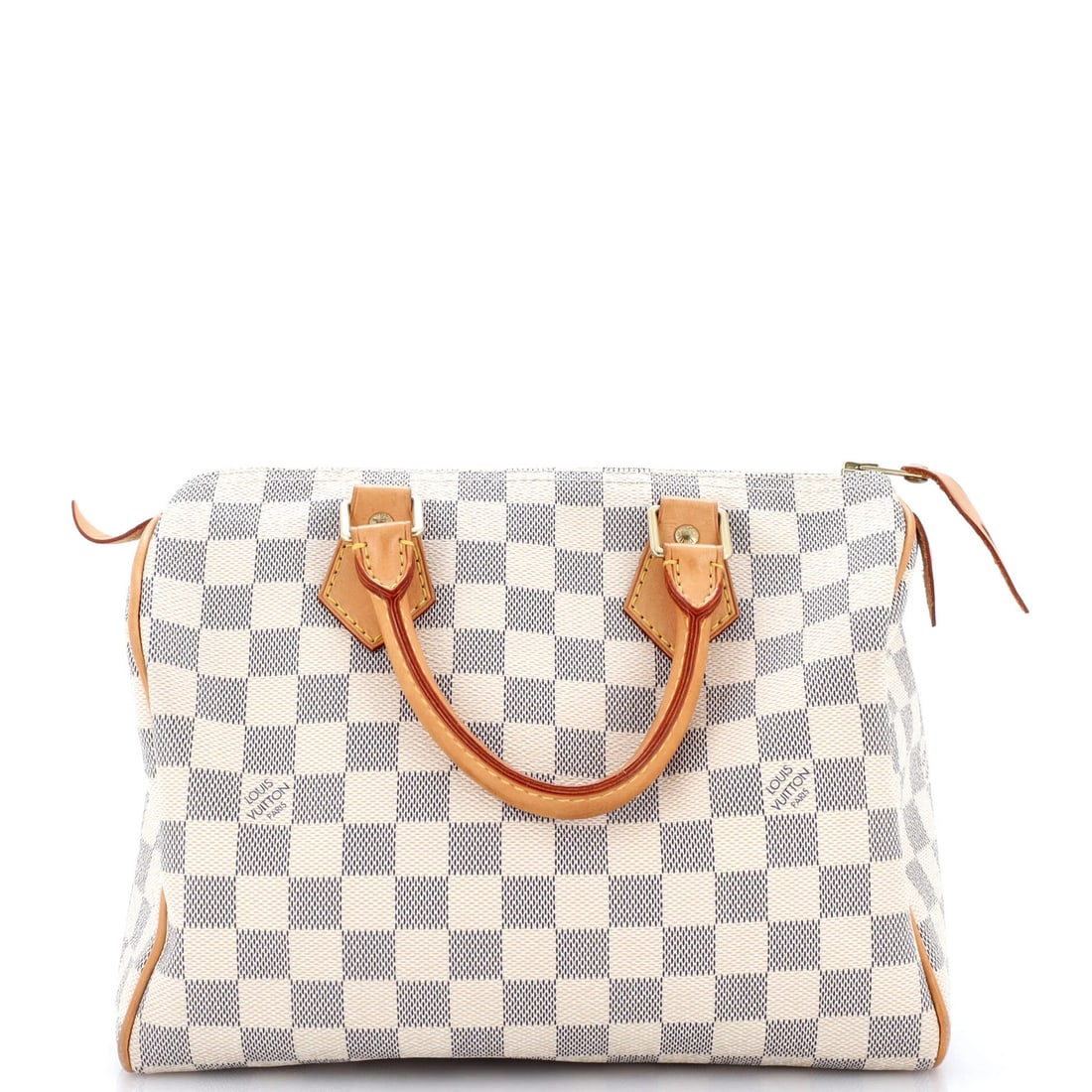 Vuitton Speedy Damier Louis Handbag 25: Vuitton Speedy Damier Louis Handbag 25 White canvas coated Louis Vuitton Speedy Damier 25 handbag with neutral interior and gold hardware, featuring a classic top handle design. Measuring 8" tall and