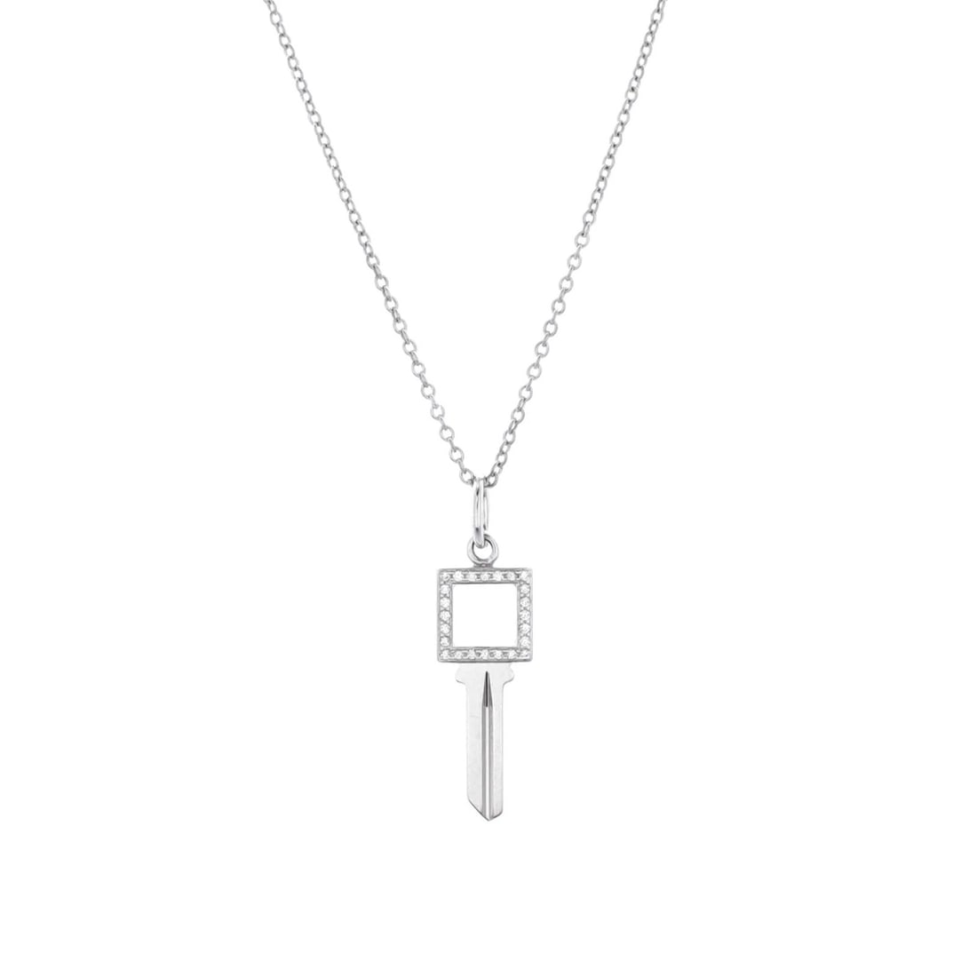 Tiffany Co Modern Open Square Key Pendant Necklace 18K White Gold: Tiffany Co Modern Open Square Key Pendant Necklace 18K White Gold 18K White Gold Modern Open Square Key Pendant Necklace with Diamonds. This exquisite Tiffany & Co. necklace boasts an 18K white gold