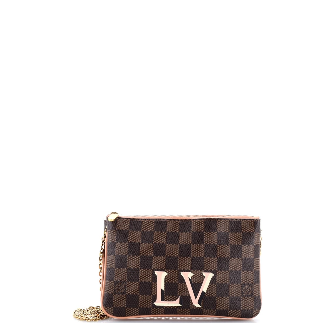 Double Zip Pochette Louis Vuitton Damier: Double Zip Pochette Louis Vuitton Damier Brown Louis Vuitton Damier canvas coated exterior, 5" height, 8" width, 1" depth, with gold hardware and a unique double zip closure, this Double Zip Pochette