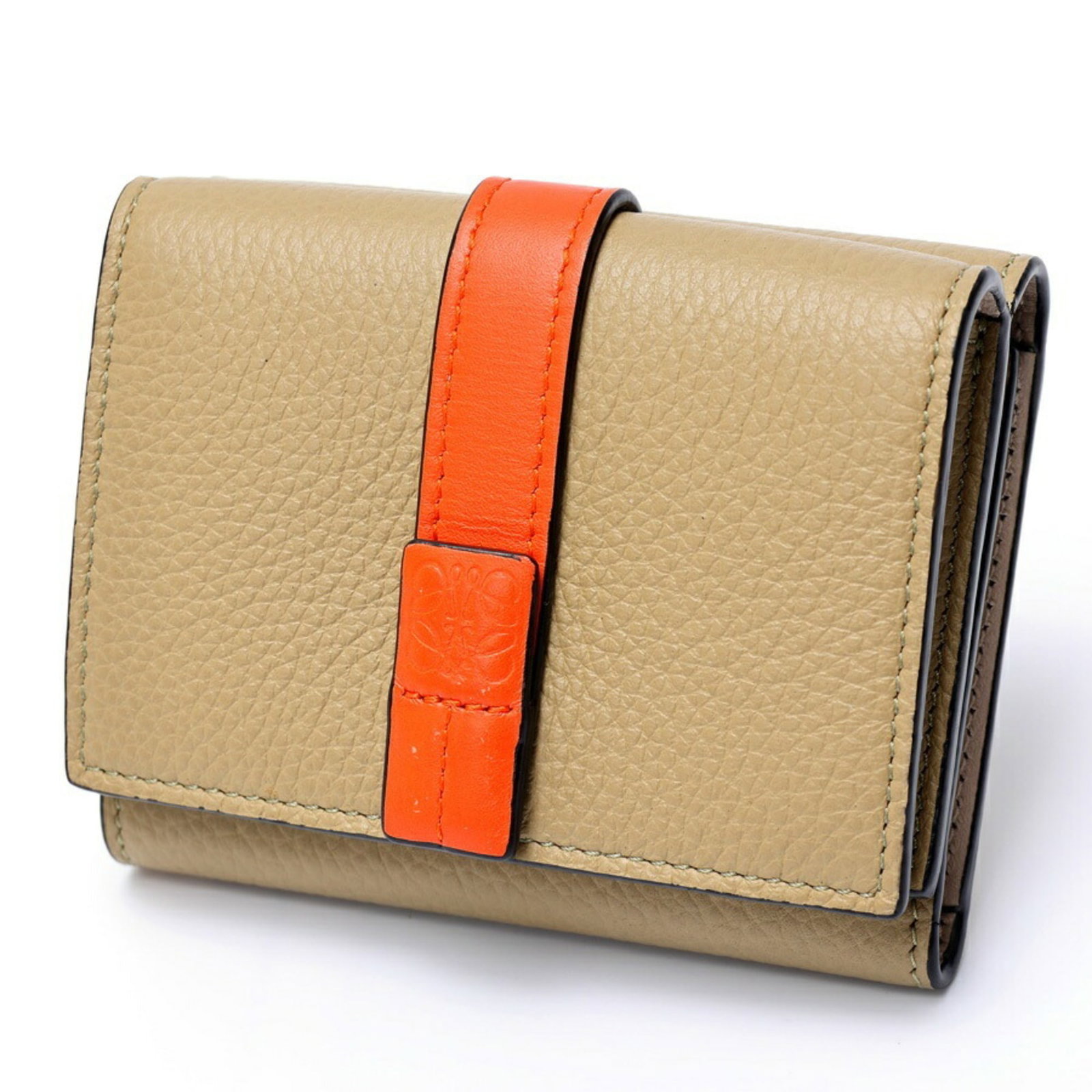 Loewe Wallet (Tri-Fold) Leather: Loewe Wallet (Tri-Fold) Leather Tri-fold leather wallet from renowned Spanish brand Loewe, featuring a sleek grayish and orange color combination. Made from high-quality leather, this wallet measures