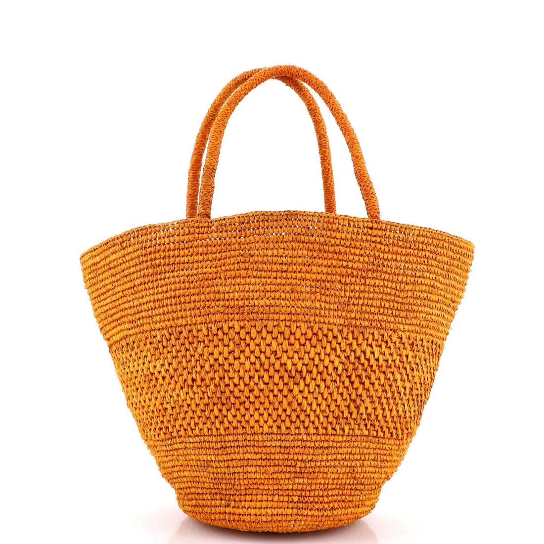 Emilie Raffia Small Row Basket Bag: Emilie Raffia Small Row Basket Bag The Emilie Raffia Small Row Basket Bag is a vibrant orange tote made from high-quality raffia, featuring a classic basket design with minor fraying and creases. Meas