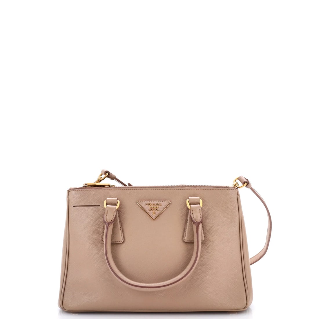 Saffiano Leather Double Zip Tote Small Prada: Saffiano Leather Double Zip Tote Small Prada Saffiano Leather Double Zip Tote Small Prada features a neutral exterior with minor scuffs, minor creases, and minor cracking, all repainted. This small