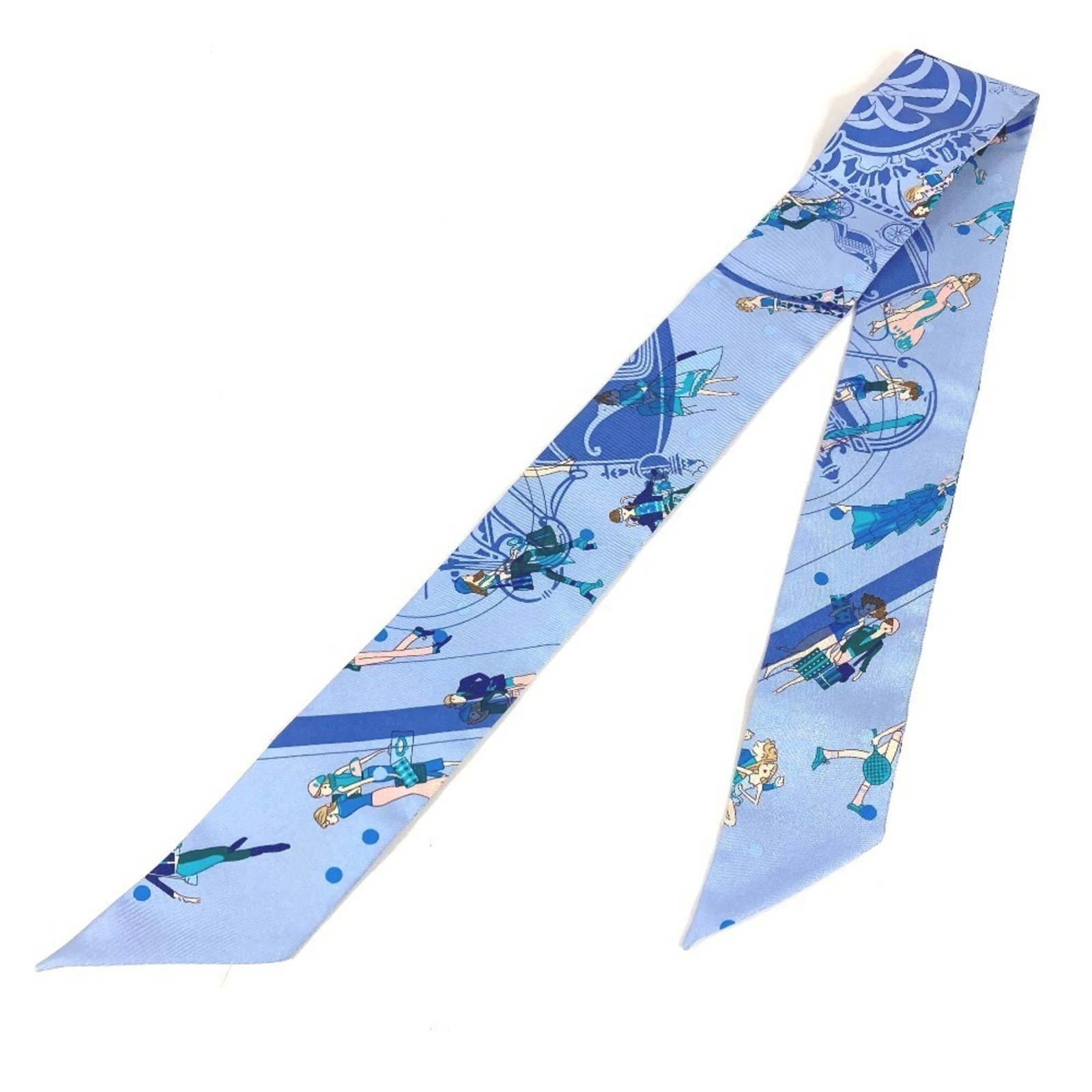 Silk Hermes Scarf: Silk Hermes Scarf Silk from France, this light blue scarf features a classic design, bearing a signature. Made from high-quality silk, its 5cm x 86cm dimensions make it a stylish accessory. A timeless