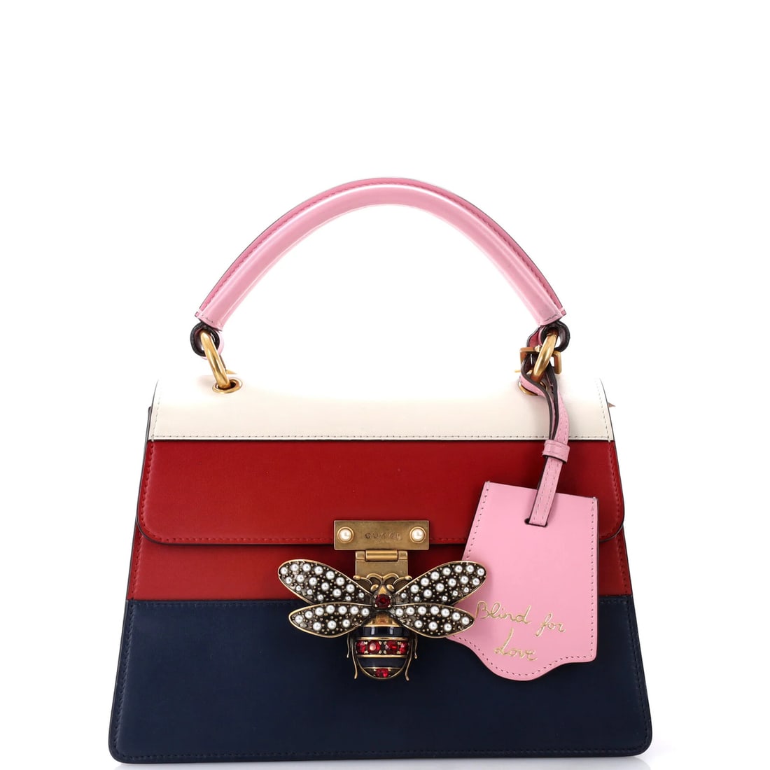 Small Leather Colorblock Bag Queen Gucci Margaret Top: Small Leather Colorblock Bag Queen Gucci Margaret Top Small Leather Colorblock Bag with Top Handle, featuring a unique multicolor colorblock design and aged gold hardware, and comes with a luggage tag