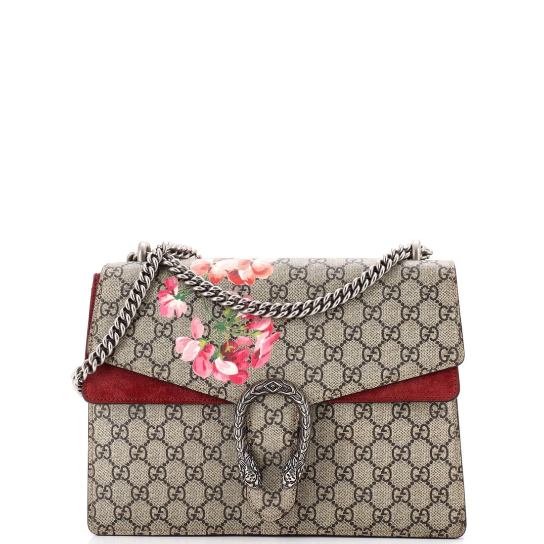 Gucci Dionysus Bag Blooms Print GG Coated Canvas Medium: Gucci Dionysus Bag Blooms Print GG Coated Canvas Medium The Gucci Dionysus Bag Blooms Print GG Coated Canvas Medium boasts a striking brown print exterior, adorned with a medium-sized GG logo, and fea