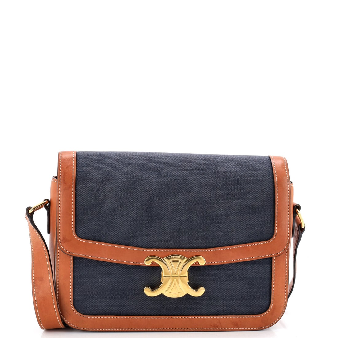 Shoulder Bag Canvas Celine Triomphe Medium Leather: Shoulder Bag Canvas Celine Triomphe Medium Leather Canvas Celine Triomphe Medium Leather Shoulder Bag in Blue. This medium-sized shoulder bag features a canvas exterior with a leather trim and gold