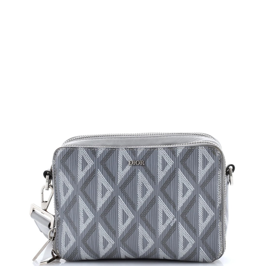 Christian Dior Pouch CD Diamond Coated Crossbody Pouch Double Canvas: Christian Dior Pouch CD Diamond Coated Crossbody Pouch Double Canvas Gray Double Zip Crossbody Pouch CD Diamond Coated Canvas exterior, with minor corner wear, scuffs, and creases, features a stylish 