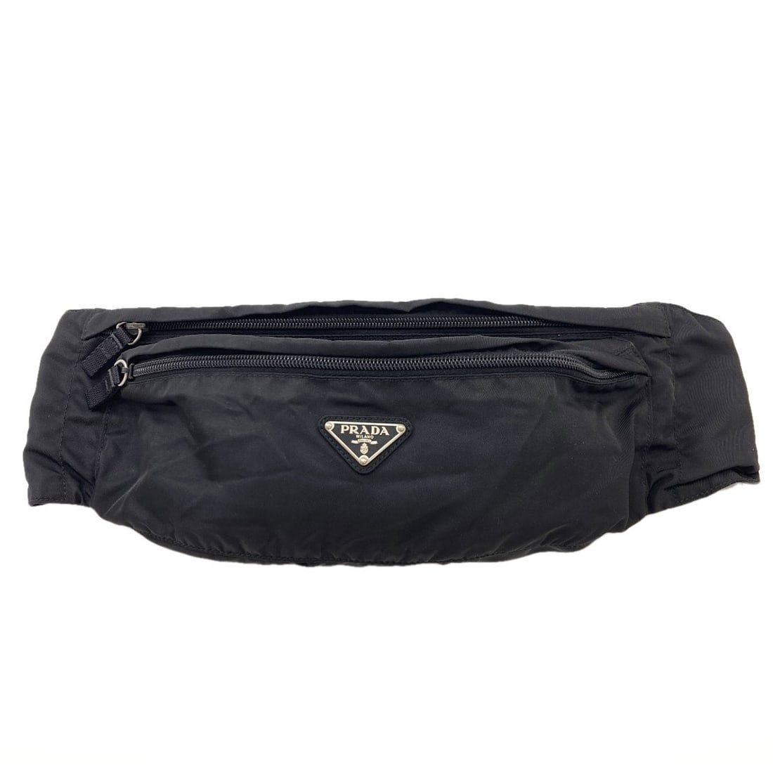 Logo Prada Hardware Hip Bag Nylon Waist: Logo Prada Hardware Hip Bag Nylon Waist Black Prada nylon waist bag with a classic hip bag design, featuring a sleek and modern aesthetic. The bag's durable nylon exterior provides a sturdy