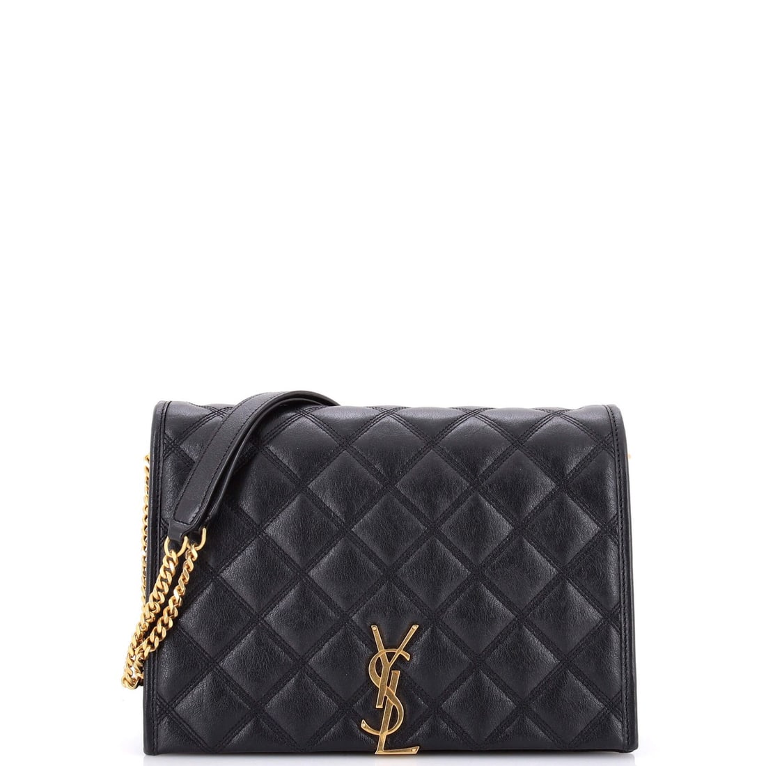 Leather Quilted Small Saint Laurent Becky Bag Shoulder: Leather Quilted Small Saint Laurent Becky Bag Shoulder Small Saint Laurent Becky Bag Shoulder in Black Leather features a quilted design and adjustable straps. This shoulder bag measures 8" high, 11"