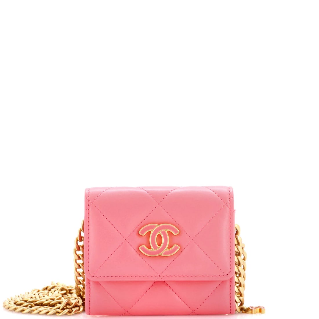 Chanel Pending CC Card Holder on Chain Quilted Lambskin: Chanel Pending CC Card Holder on Chain Quilted Lambskin Pink quilted lambskin exterior, chain-link strap, and aged gold hardware make this Chanel Pending CC Card Holder a stylish accessory. The minor 