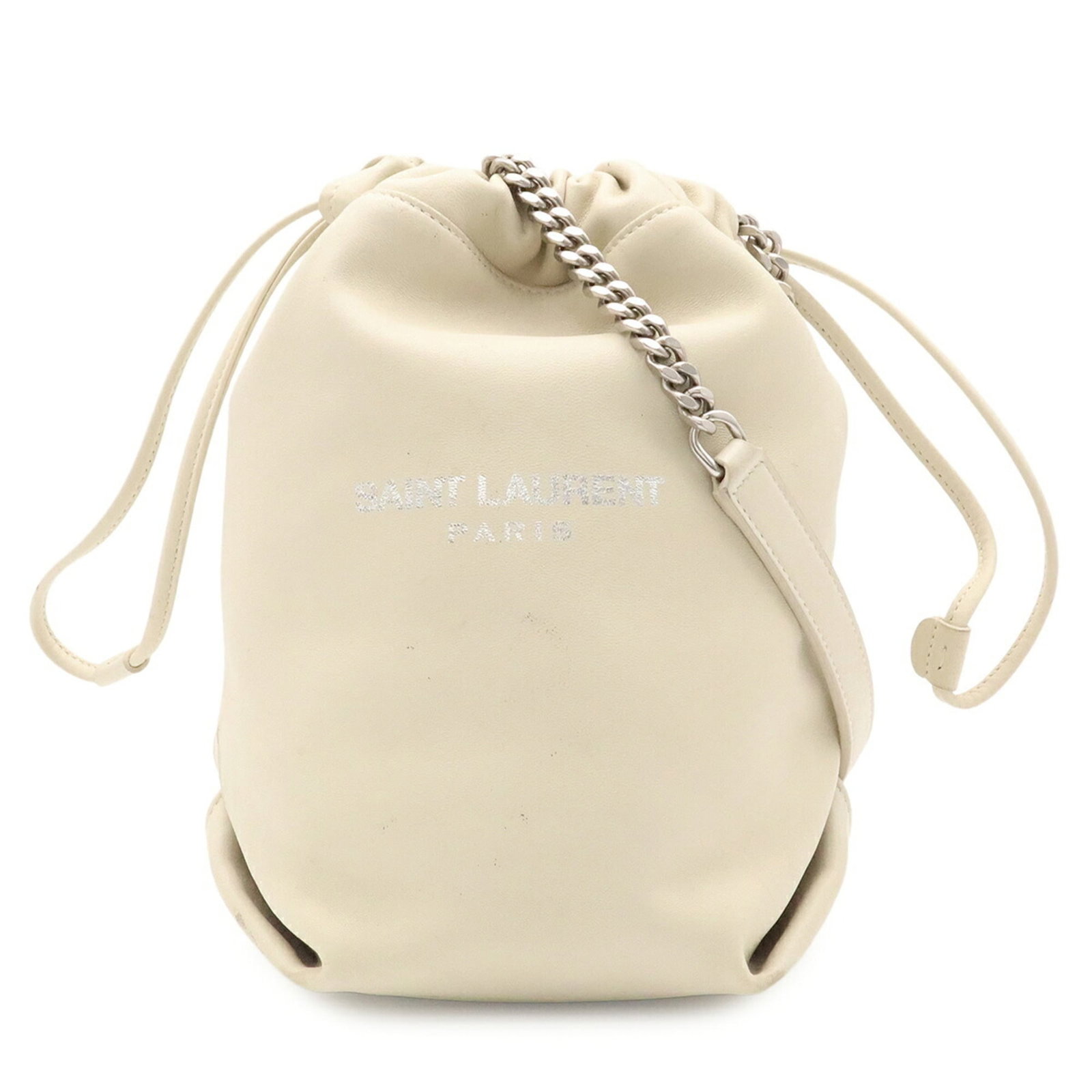 Saint Laurent Leather Pouch Bag Shoulder Yves: Saint Laurent Leather Pouch Bag Shoulder Yves Ivory leather shoulder bag with a sleek, modern design, featuring a spacious pouch compartment and a sturdy shoulder strap. Measuring 26cm x 11.5cm, this