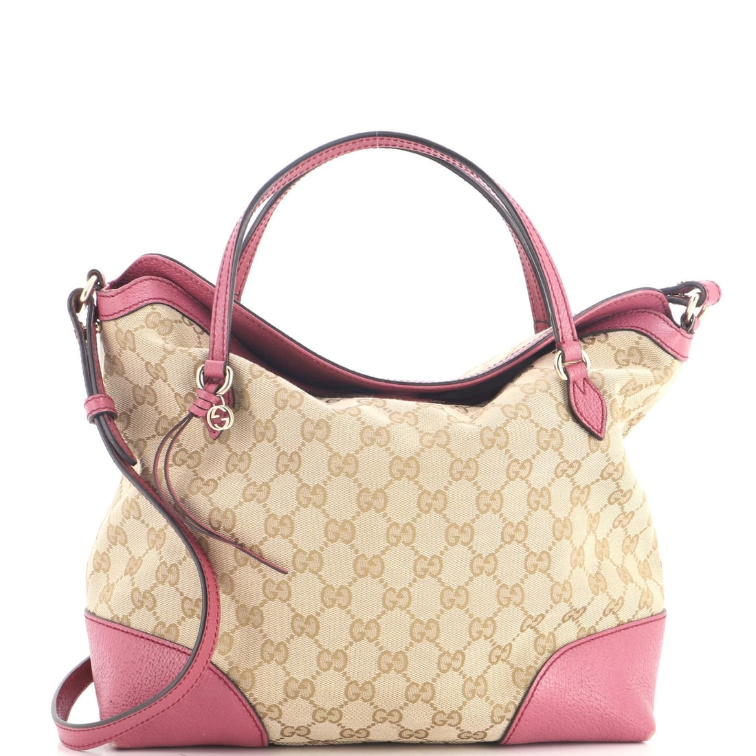 GG Canvas with Leather Medium Bree Convertible Top Handle Gucci Bag: GG Canvas with Leather Medium Bree Convertible Top Handle Gucci Bag Canvas-coated exterior with a mix of pink and brown hues, this GG Canvas with Leather Medium Bree Convertible Top Handle Gucci bag f