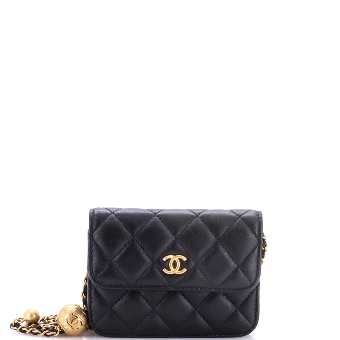 Pearl Crush Flap Clutch with Chain Quilted Lambskin: Pearl Crush Flap Clutch with Chain Quilted Lambskin The Pearl Crush Flap Clutch with Chain Quilted Lambskin is a stylish mini cross-body bag featuring black leather exterior and neutral interior. Its