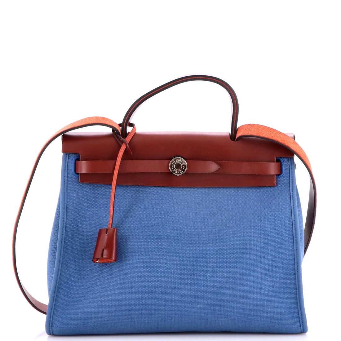 Herbag Hermes Leather Toile 31 Zip: Herbag Hermes Leather Toile 31 Zip This Herbag Hermes Leather Toile 31 Zip shoulder bag features a striking blue exterior with a canvas interior, complemented by palladium hardware. The bag's