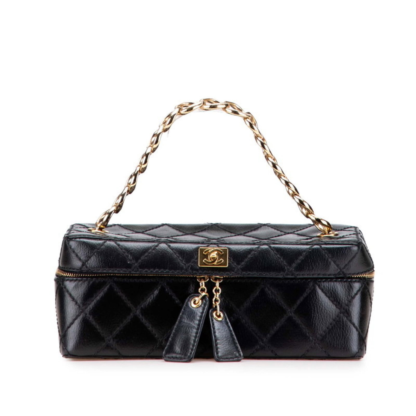 Vanity Bag Leather by Chanel: Vanity Bag Leather by Chanel Vanity Bag Leather by Chanel is a sleek and sophisticated accessory, featuring a classic black leather design. This stylish bag comes with a dust bag for added protection