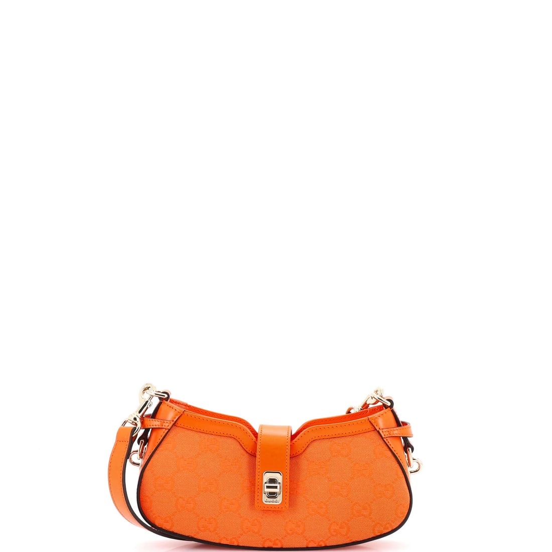 Moon Side Bag GG Canvas Mini Gucci: Moon Side Bag GG Canvas Mini Gucci Orange canvas mini shoulder bag with gold tone hardware, featuring a classic GG canvas design. The bag measures 4" high, 8" wide, and 1.5" deep, making it a compact