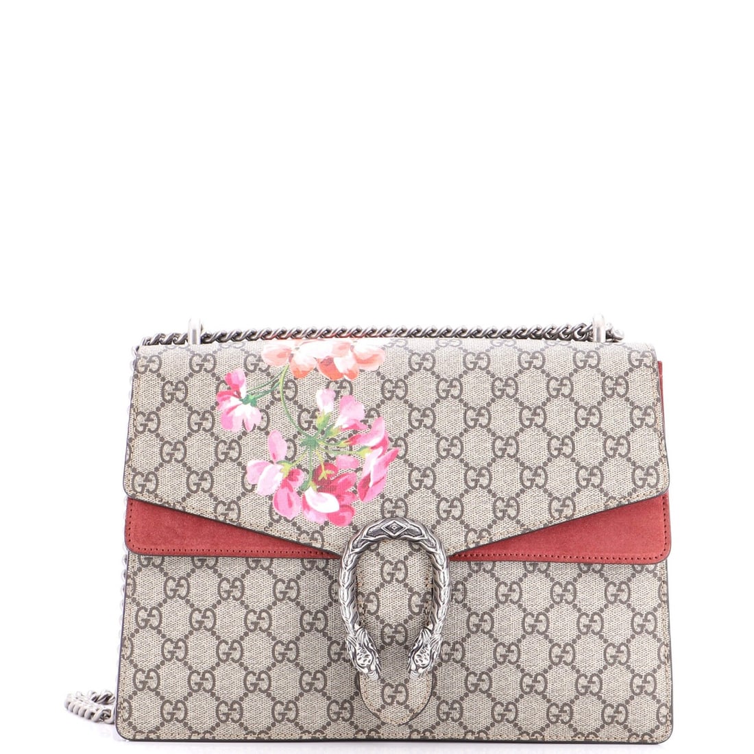 Gucci Dionysus Bag Blooms Print GG Coated Canvas Medium: Gucci Dionysus Bag Blooms Print GG Coated Canvas Medium Brown Gucci Dionysus Bag Blooms Print GG Coated Canvas Medium features a unique Blooms Print GG Coated canvas exterior in brown, with a suede