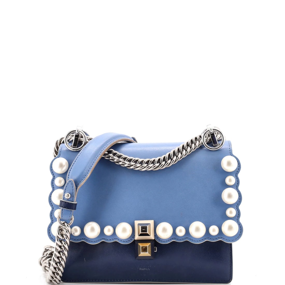 Kan I Small Pearl Embellished Fendi Bag Leather: Kan I Small Pearl Embellished Fendi Bag Leather The Kan I Small Pearl Embellished Fendi Bag is a stunning blue leather cross body bag with intricate pearl embellishments. Measuring 6" high, 8" wide,