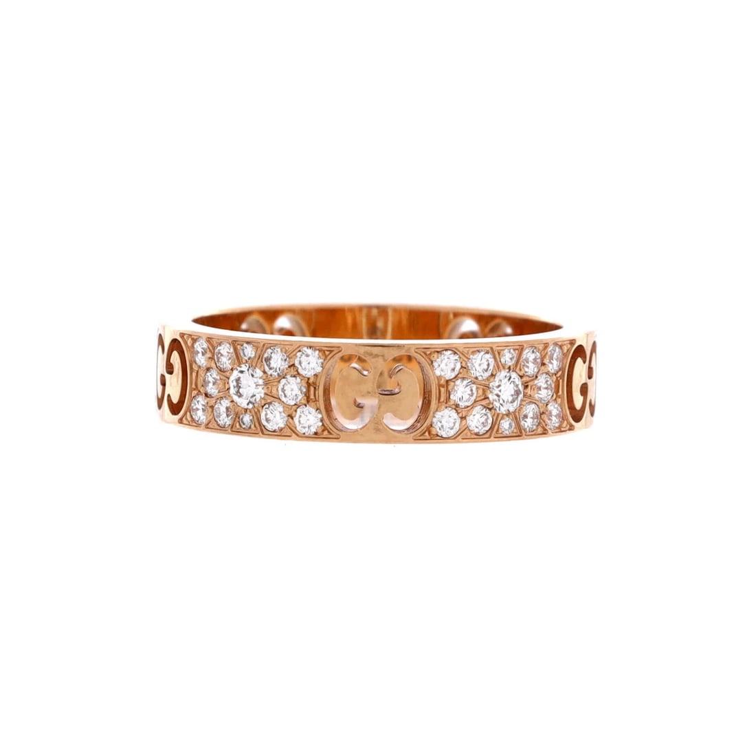 Gold Rose Stardust Ring 18K Gucci Pave Diamonds: Gold Rose Stardust Ring 18K Gucci Pave Diamonds 18K Gucci's Stardust Ring shines with 4mm pave diamonds set in rose gold, creating a mesmerizing display of luxury. This 18K rose gold ring features a