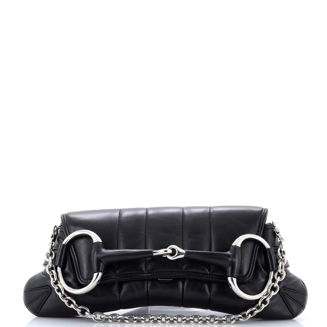 Gucci Horsebit Chain Shoulder Bag Vertical Quilted Leather Large: Gucci Horsebit Chain Shoulder Bag Vertical Quilted Leather Large Black Gucci Horsebit Chain Shoulder Bag with Vertical Quilted Leather and Satin Interior, featuring a classic design with scuffs,