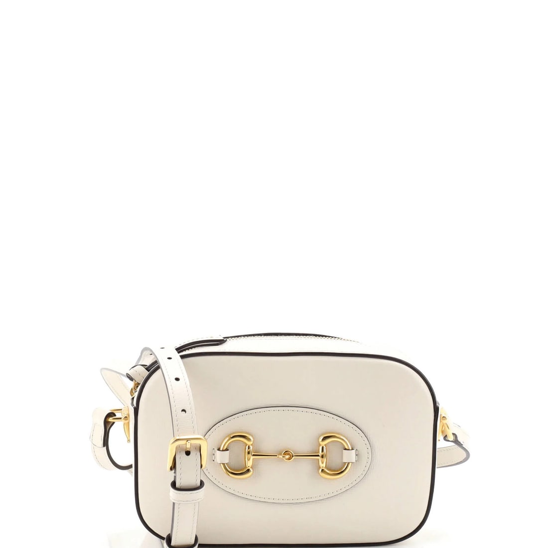 Gucci Horsebit Leather Small Camera Bag 1955: Gucci Horsebit Leather Small Camera Bag 1955 Small, white leather Gucci Horsebit 1955 camera bag with gold hardware, featuring a classic cross-body design and neutral interior. The bag shows signs of