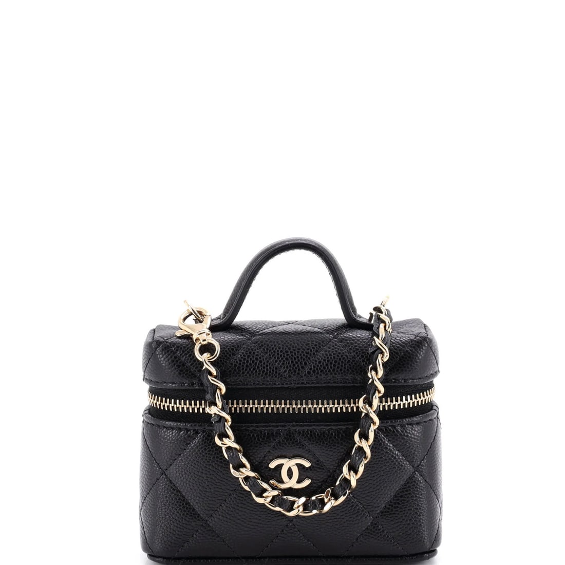 Vanity Case Bag Charm Quilted Caviar Micro Chanel Top Handle: Vanity Case Bag Charm Quilted Caviar Micro Chanel Top Handle Black leather Chanel top handle vanity case bag with quilted caviar design and gold tone hardware. Measuring 3.5" in height and 4.5" in