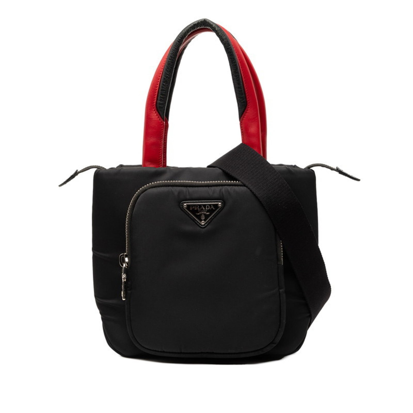 Shoulder Bag Nylon Handbag Prada: Shoulder Bag Nylon Handbag Prada Black and Red Prada Nylon Shoulder Bag. This 21cm x 22cm x 9cm shoulder bag features a striking black and red color combination, made from high-quality nylon