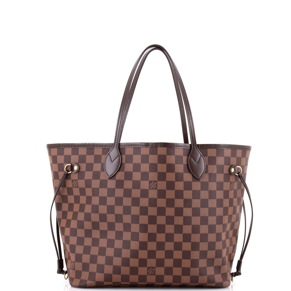 Louis Vuitton Neverfull Damier MM: Louis Vuitton Neverfull Damier MM Brown Louis Vuitton Neverfull Damier MM Tote with Gold Hardware, featuring a classic canvas-coated exterior and a spacious interior with a red lining. The exterior