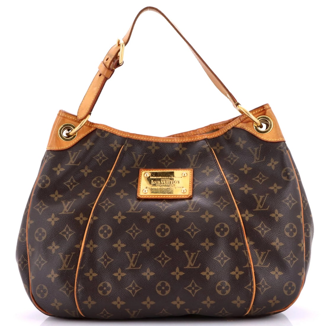 Galliera Handbag Monogram Canvas Louis Vuitton: Galliera Handbag Monogram Canvas Louis Vuitton Canvas Coated Louis Vuitton Galliera Handbag in Brown, featuring a classic monogram canvas exterior with heavy edge wear and scuffs. The interior is