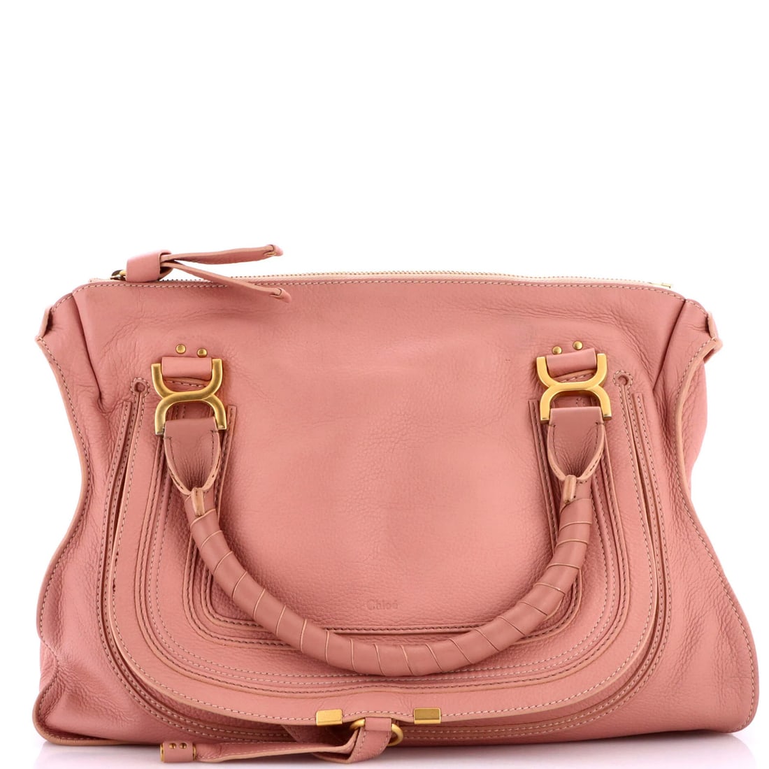 Large Leather Chloe Marcie Shoulder Bag: Large Leather Chloe Marcie Shoulder Bag Large Leather Chloe Marcie Shoulder Bag in Pink, featuring a classic design with heavy edge wear and scuffs, adding a touch of vintage charm. The bag measures