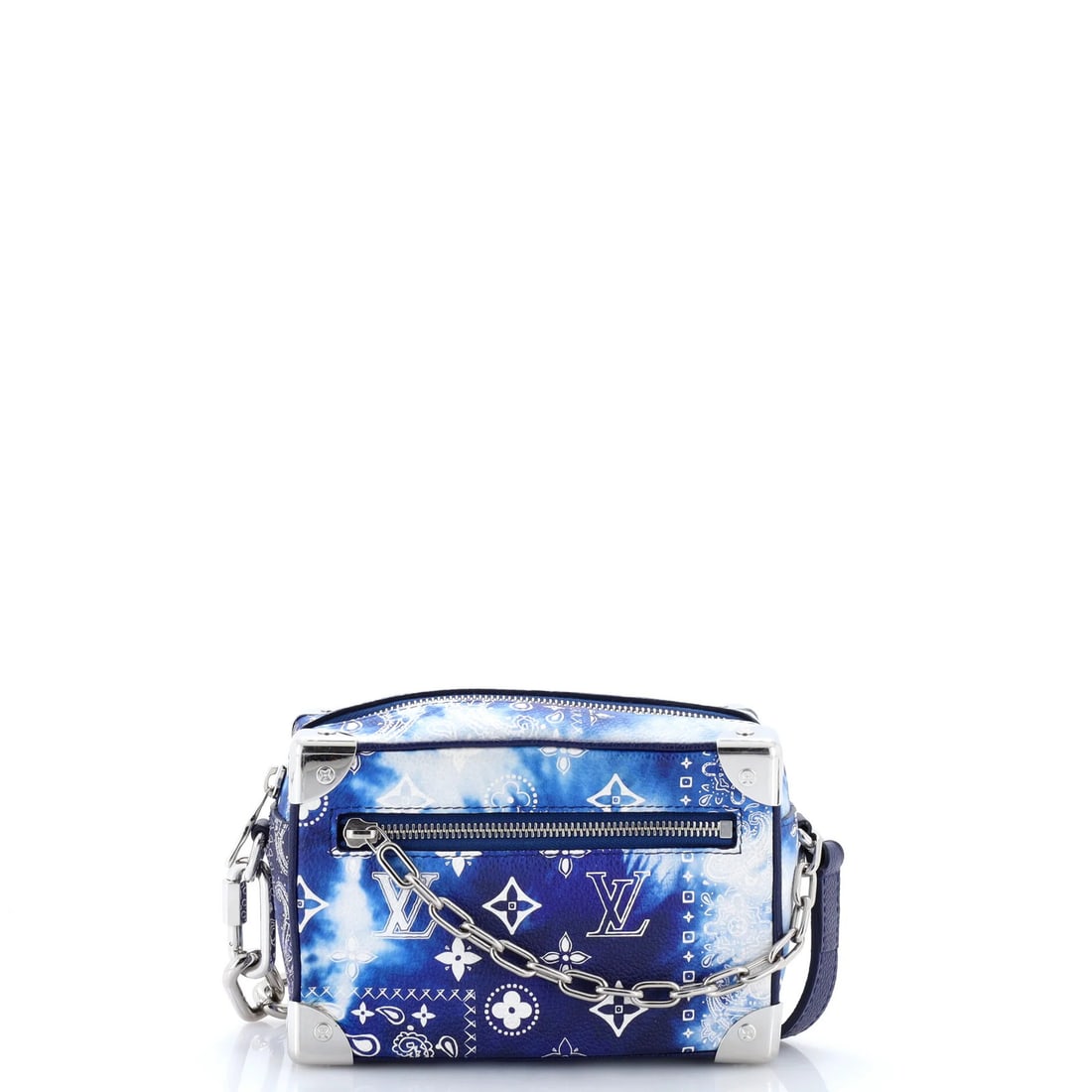 Soft Trunk Bag Mini Leather Louis Vuitton Limited Edition Monogram Bandana: Soft Trunk Bag Mini Leather Louis Vuitton Limited Edition Monogram Bandana Soft Trunk Bag Mini Leather Louis Vuitton Limited Edition Monogram Bandana features a striking blue exterior with a classic