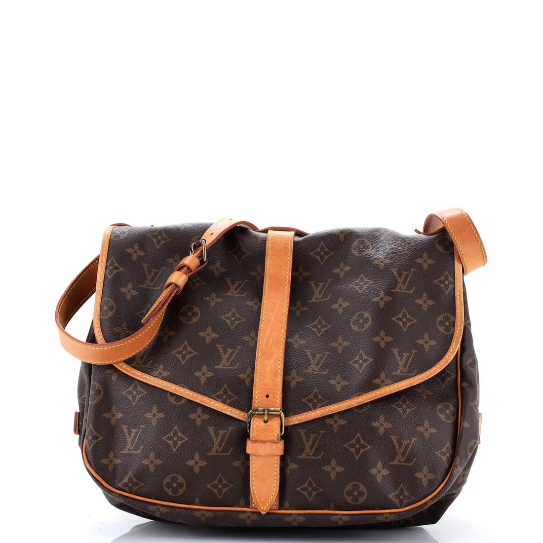 Louis Vuitton Saumur Handbag Monogram Canvas 35: Louis Vuitton Saumur Handbag Monogram Canvas 35 Brown Louis Vuitton Saumur Handbag Monogram Canvas 35 with heavy edge wear, discoloration, and scuffs. This cross body bag features a 35cm size, 11.5" h