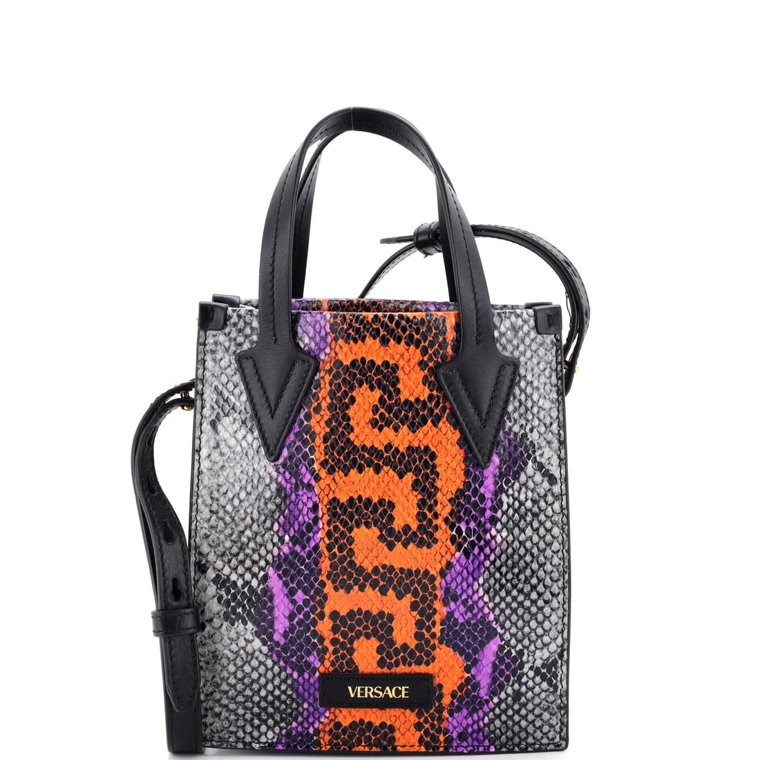 Python Embossed Leather Mini Versace Convertible: Python Embossed Leather Mini Versace Convertible Python embossed leather mini Versace convertible tote boasts a striking print exterior and sleek convertible design, perfect for adding a touch of