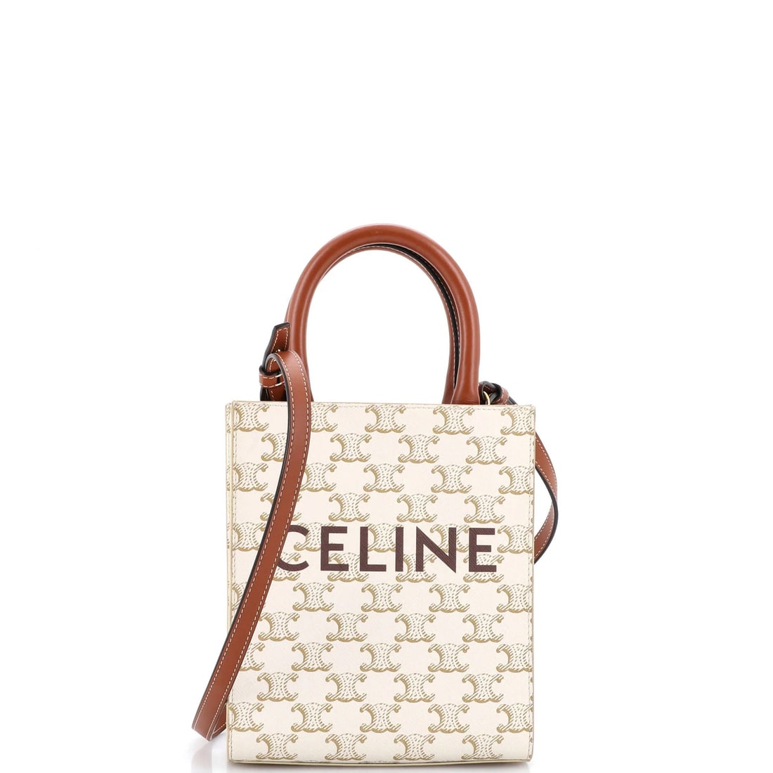 Vertical Cabas Tote Mini Triomphe Coated Canvas Celine: Vertical Cabas Tote Mini Triomphe Coated Canvas Celine Canvas Coated Celine Vertical Cabas Tote Mini Triomphe in Brown, featuring a scuffed exterior with edge wear and minor creases, and a gold-toned