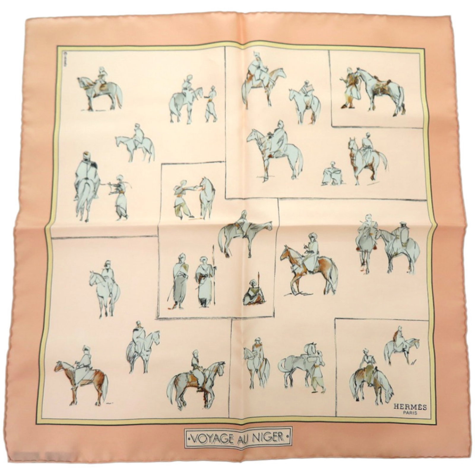 Silk Hermes Scarf: Silk Hermes Scarf Silk from France, this 41.5cm x 42.5cm scarf features a multi-color design. Made from high-quality silk, its vibrant colors are showcased on a soft, luxurious fabric. A beautiful