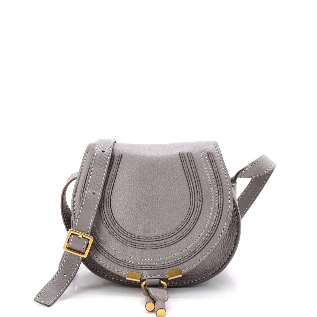 Crossbody Bag Leather Small Chloe Marcie: Crossbody Bag Leather Small Chloe Marcie Gray leather Marcie crossbody bag with 20-24" strap drop, featuring a small size and aged gold hardware. The bag's exterior shows signs of wear, including