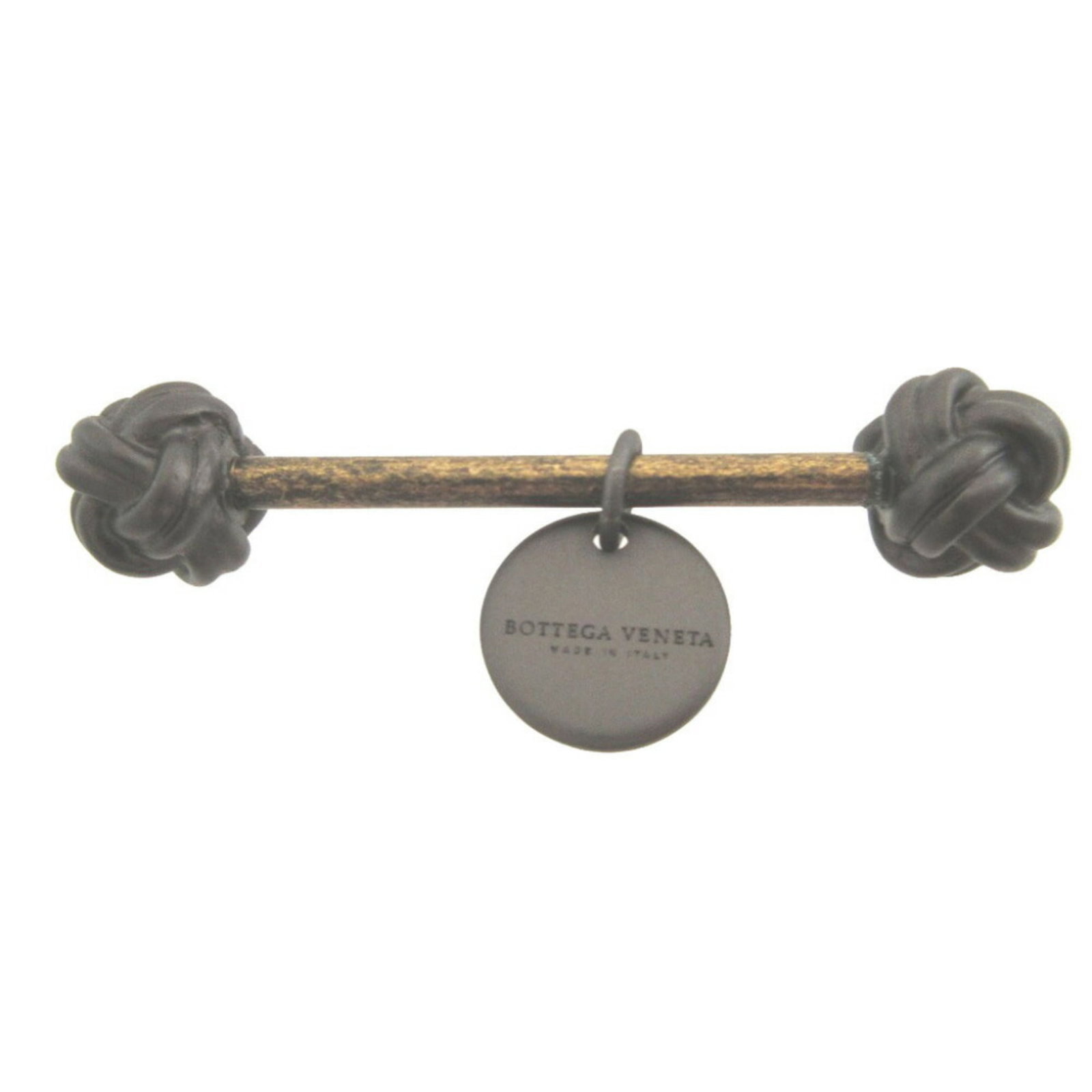 Metal keyring by Bottega: Metal keyring by Bottega Bottega Veneta's metal keyring is a sleek accessory, crafted from high-quality metal and finished in a rich brown hue. The keyring is presented in a luxurious box and dust